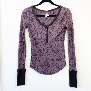 Free People Purple Animal Print Thermal Henley Top